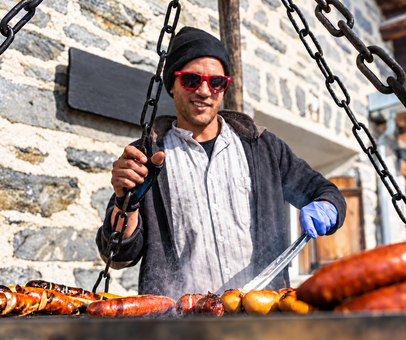 Koch mit roter Sonnenbrille am Schwenkgrill vor einer Steinwand